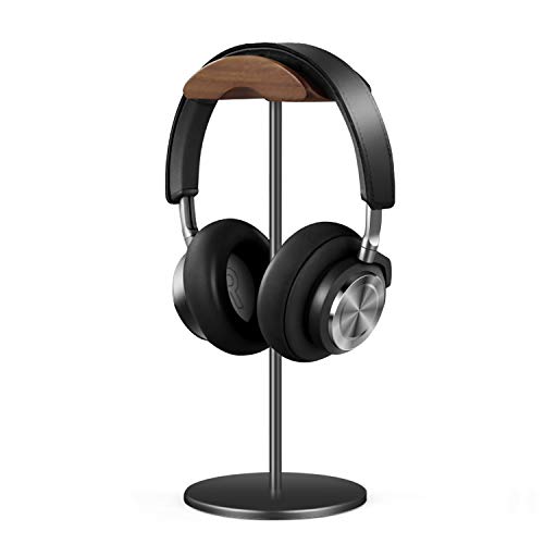 QinCoon Soporte Auriculares, Soporte de Nogal y Aluminio, Stand para Headset de Juego con Base Maciza y Pesada, Aplicable a Auriculares de Diadema de Todo Tamaño (Negro)