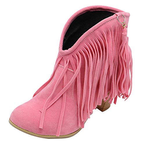 RAZAMAZA Botas Invierno Mujer Retro Tacón Ancho Flecos Botas de Tobillo sin Cordones Cerrado Pink Size 45 Asian