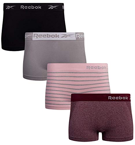 Reebok Women’s Seamless Performance Boyshort Panties with Logo Waistband (4 Pack) (Blue Jacquard/Lotus/Dark Denim/Sleet, Medium)