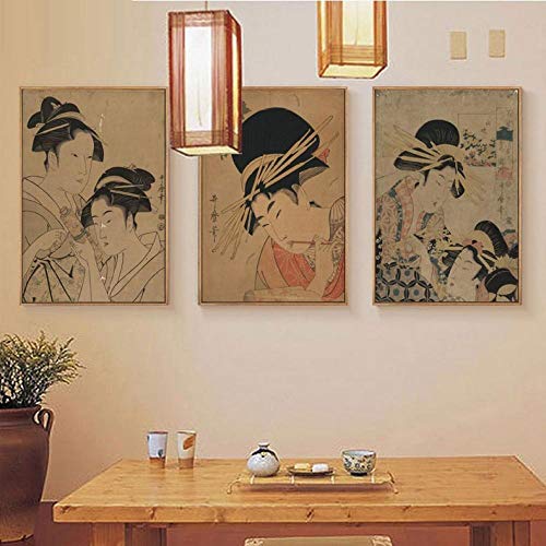 Retro Japonés Ukiyo-E Figura De Belleza Lienzo Pintura Spa Restaurante Mural Clásico Señoras 3 Piezas Cartel De Imagen De Pared Sala De Estar Decoración Del Hogar 16"X24"X3Panels