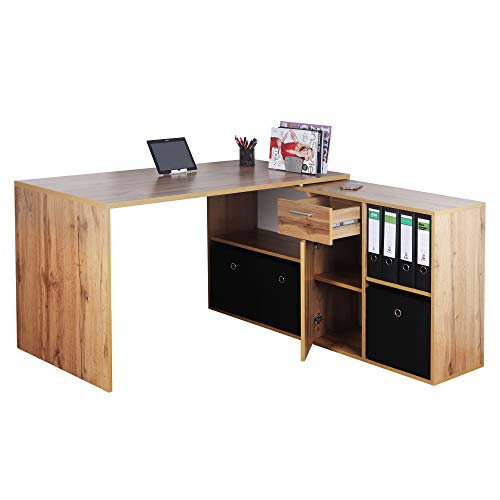 RICOO WM081-EW Escritorio esquinero Mesa Ordenador Esquina Organizador Oficina Muebles de hogar Buro rinconera PC Gaming Madera Roble Marron