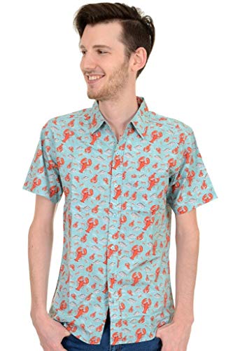 Run & Fly Hombre de los Años 80 Kitsch Indie Pijo Langosta Camisa Manga Corta - Aqua, XL