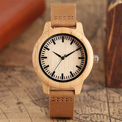 RWJFH Reloj de Madera Reloj de Madera de bambú para Mujer, Correa de Cuero marrón, Reloj de Madera Informal Simple para Mujer, Reloj de Cuarzo para Mujer, Bronce