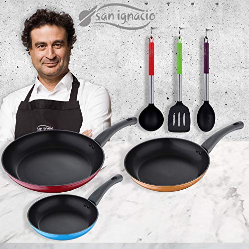 San Ignacio sartenes 20/24/28 cms, Aluminio Forjado, inducción, con Set 3 Utensilios de Cocina, Nylon, Multicolor