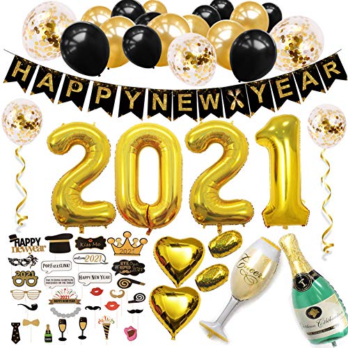 Sancuanyi New Year Eve Decoration 2021 Nochevieja/Juego de Decoración de Fiesta de Año Nuevo, Feliz Año Nuevo Pancarta, Aluminio Globos 2021, Fotos Accesorios,Botella de Champán Aluminio Globo