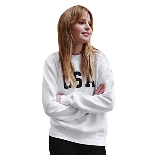 SHOBDW Otoño Mujer O-Cuello USA Carta Imprimir Elegante Moda Soft Fleece Jumper Pullover Tops Blusa Manga Larga Sudadera(Blanco,S)