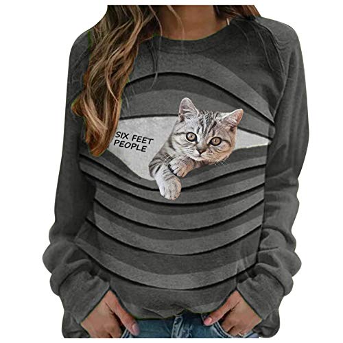 skiyy Sudaderas Mujer O-Cuello Gato Estampado Patchwork Camisetas Sudadera Casual Manga Larga Suelta Tops Pullover Blouse Tops 2021 (Gris, L)