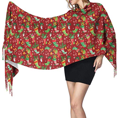 Suave borla de cachemira artificial Pashmina Chal de Navidad Medias de Navidad para día festivo Chal Wrap Bufanda para mujeres y niñas 68 x 197 cm