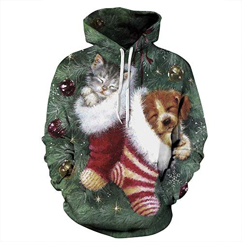 Sudaderas Casuales Tops Blusa para Hombres, Sudadera con Capucha Gatos y Perros con Calcetines Navideños Sudadera con Capucha con Estampado 3D Pareja Sudadera con Capucha de Canguro con Capucha for Ho