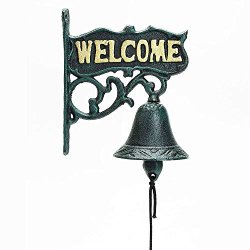 Sungmor Heavy Duty Hierro Fundido Estilo Rústico Montado en la Pared Cartel de Bienvenida Campana de Mano | 16 × 18.7 cm, Verde Oscuro | Campana de Puerta de Hierro Forjado con Logo aristocrático