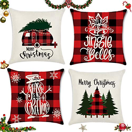 Sunshine smile 4 pcs Fundas navideñas para Cojines,Funda de Almohada de Navidad,Fundas para Cojines de Sofa,Funda de Almohada decoración para hogar,Funda de Almohada Decorativa (F)