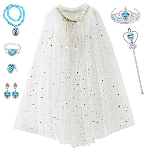 Tacobear Capa Disfraz de Princesa Vestido Accesorios con Corona Varita Mágica Collar Pulsera Anillo Pendientes Halloween Carnaval Cumpleaños Fiesta Princesa Disfraces para Niñas (Blanco)