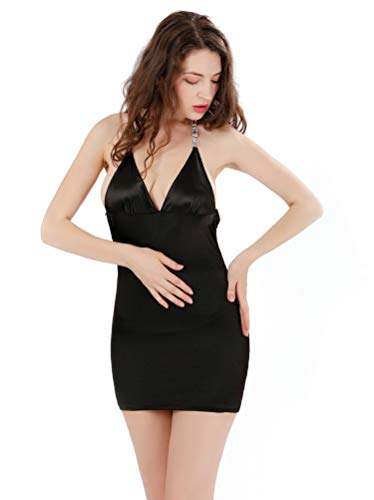 ThreeH Lenceria Mujer Mini Vestido sin Mangas Clubwear Vestido amoldeado al Cuerpo Mono Ajustable con Correa de Espagueti C11227 Black