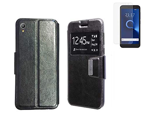 Todobarato24h Funda Alcatel 1 / Alcatel 1 2019 5.0 Pulgadas Negra Libro Ventana + Protector de Cristal Templado