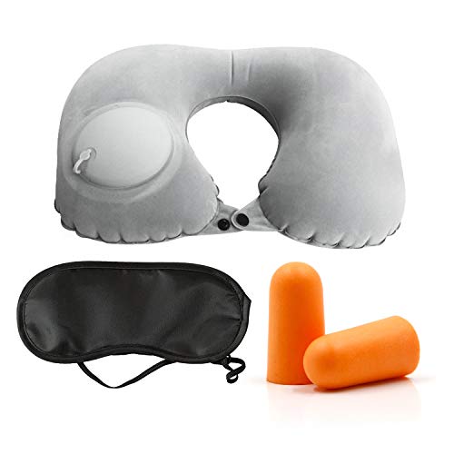 Tomedeks Almohada de Viaje portátil para el Cuello, reposacabezas autoinflable, Adecuada para Uso en oficinas y automoción (Gris)