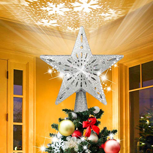 Topper de árbol de Navidad de Hierro Forjado, 3D Brillantina Luces de Primeros de Proyector de Copo de Nieve, El Polvo de Purpurina no Caerá, 3D Iluminados Copo de Nieve Luz Decoración(Plata)