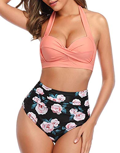 UMIPUBO Conjuntos de Bikini para Mujer Cintura Alta Push Up Traje de baño de Dos Piezas Cuello Halter Tirantes con Retro Ropa de Playa