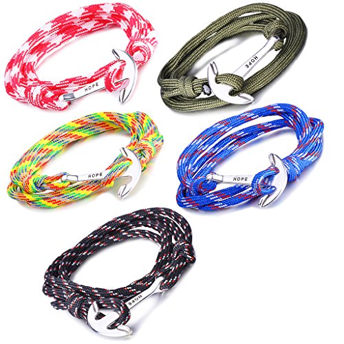 Unendlich U Infinite U Juego de Pulsera Ancla de Trenzada Multicadenas Multicolor Hope Ancla de Barco Hecha de Aleación y Nylon Cuerda de Algodón para Mujer Hombre, Set de 5 Piezas