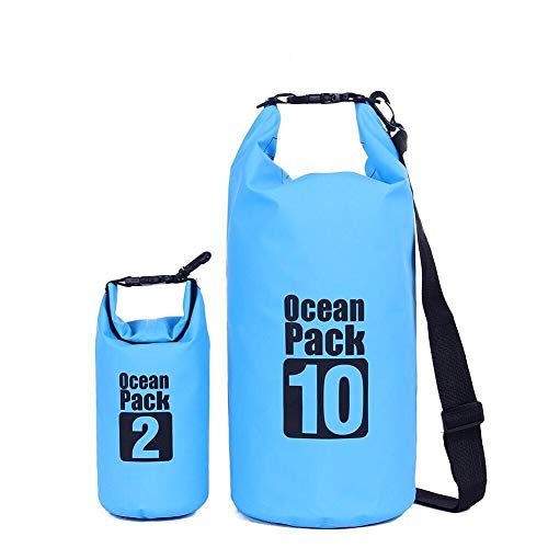 ValueHall (2 Pack 10L / 2L Ligero Impermeables Bolsas secas con Lona Resistente al Agua 500D Resistente Correa de Hombro Ajustable, además de la Caja del teléfono Resistente al Agua Libre (Azul)