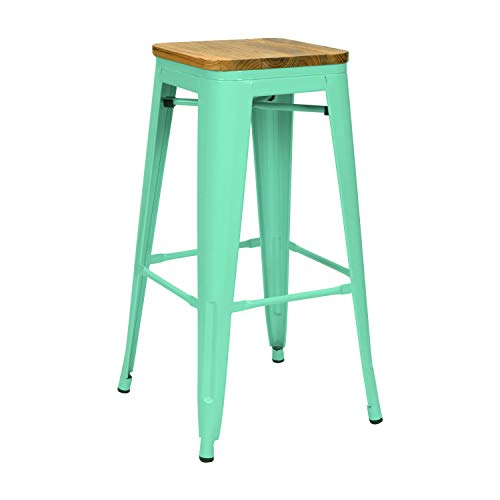 Vaukura Taburete Alto Tolix - Taburete Industrial Metálico Asiento Madera (Verde Menta)