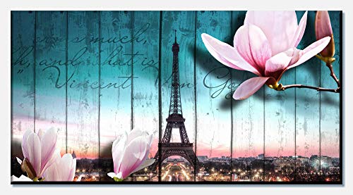 wandmotiv24 Cuadro en Lienzo Madera - Flores París Torre Eiffel 100x50cm (Ancho x Alto) Foto panorámica Foto Lienzo Mural Foto Regalos M0543