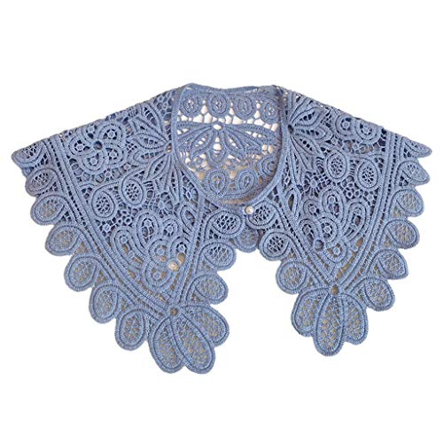 WE-WHLL Mujeres Elegante Hollow out Crochet Falso Collar Floral Encaje Color sólido Lolita Big Shawl Desmontable Faux Pearl Button Poncho Corto Capelet-Light Blue