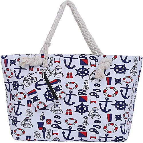 Weizige Bolsa de playa, cremallera, bolso de lona de verano, bolso grande con mango, playa, vacaciones, compras, viajes-transportar_Longitud 58cm x altura 38cmx de ancho 18cm