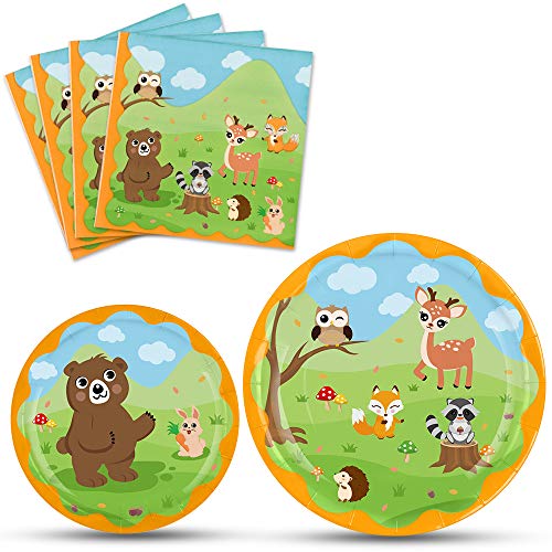 WERNNSAI Platos Servilletas del Animal de Bosque - Vajilla Desechable Suministros para La Fiesta para Niños Cumpleaños Baby Shower 16 Invitados Postre Platos de Comida Servilletas de Almuerzo