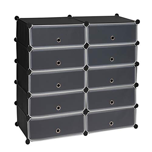 WOLTU Zapatero Modular Estantería por Módulos DIY, Zapatero con 10 estantes Almacenamiento para Habitación Salón Baño, Plástico, con Puerta 92x37x105cm (WxDxH) Negro SR0117sz+SR0117sz-TR