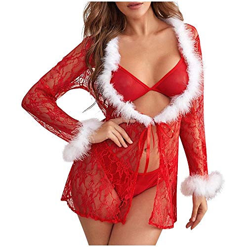 WTFYSYN Lenceria Mujer Erótico Tentación Babydoll Sexy,Ropa Interior de Red con Cuello en V de Navidad, Ropa Interior Sexy exótica-Red_S,Ropa Interior Disfraz Sexy Lingerie