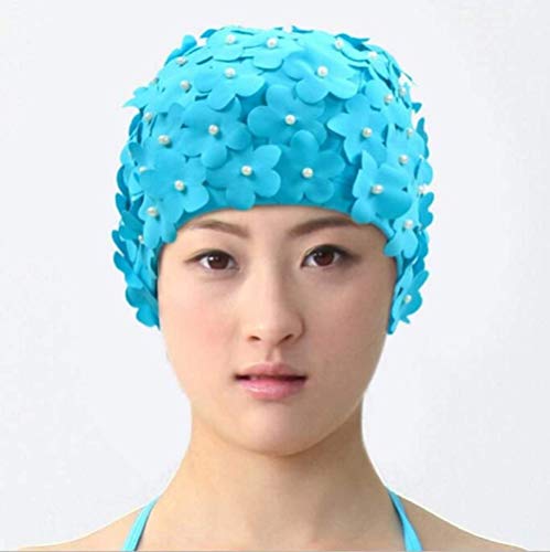 Xyl Sra Pelo Largo Flores Gorro de baño Perlas Hechas a Mano baño de pétalos de Flores de Tela de Nylon cómodo Casquillo del oído Casquillo de natación Gorro de baño Lago Azul