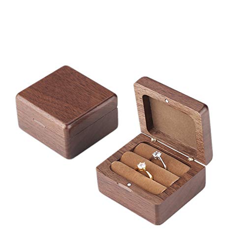 YMJJ Caja De Anillo Cuadrada De Madera De Nogal para Propuesta, Compromiso, Ceremonia De Boda, Viaje - Joyero Portátil Soporte De Exhibición De Doble Anillo