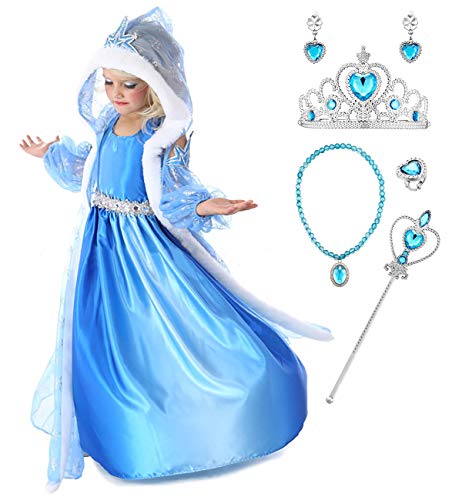 YOSICIL Niñas Disfraz Anna Frozen Elsa con Capa Traje de Princesa Disfraz Princesa Accesorios con Corona Anillo Collar Pendientes Fancy Dress Traje Parte Vestido de Fiesta Infantil 3-10 Años