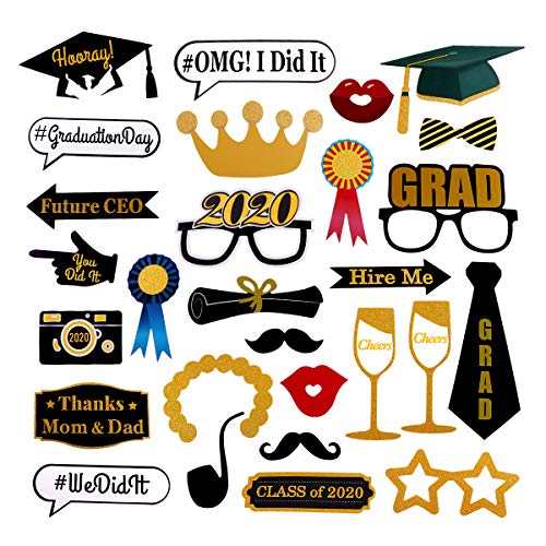 Yuccer 2020 Graduation Photo Booth Props, Graduación Cabina de Fotos Accesorios Sombrero Gafas Bigote Labios en Palos Universitaria Regalos de Graduación Decoraciones de Fiesta 28 Pcs