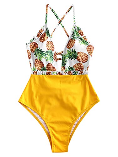 ZAFUL Traje de baño de piña con encaje y cintura alta tropical para mujer amarillo L