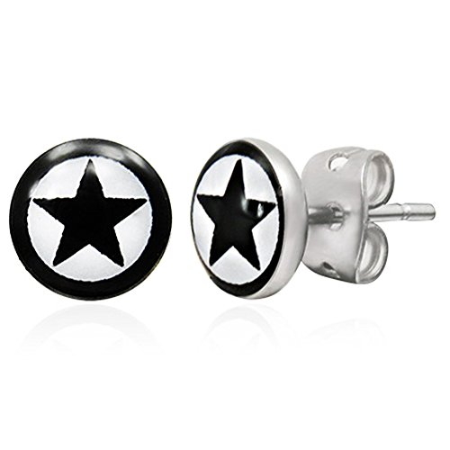 Zense-Pendientes para hombre acero inoxidable, color negro, plateado, con estrella y cierre ZE0044 clavija de carpintería