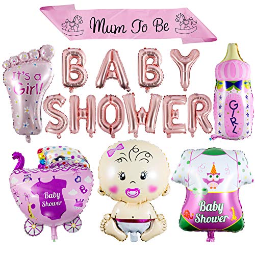 ZOEON Baby Shower Globos para Fiestas Infantiles, Globos de Papel de Aluminio It’s a Boy/Girl con Faja Mum to Be (NIÑA)