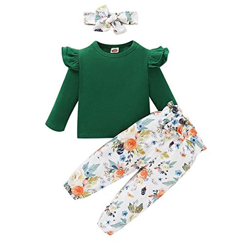 ZOEREA Conjunto de Ropa de Bebé Niña Encantador Manga Larga Tops con Volantes + Pantalones Floral + Venda Recién Nacido Niñas Otoño Primavera Trajes 3 Piezas (Estilo 1 Verde, 12-18 Meses)