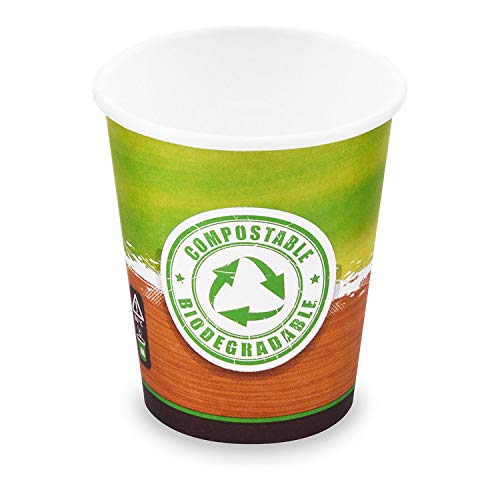 1 pack bio 100 % carton vasos café CoffeeToGo vasos compostables vasos de bebidas calientes y frías PLA 250 ml, 100 unidades