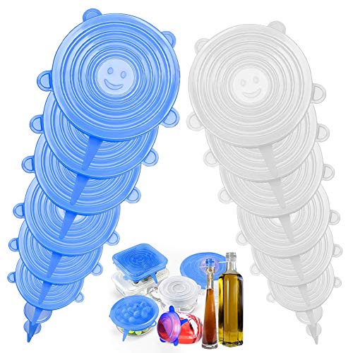 16 PCS Tapas Silicona Ajustable, Tapas Silicona Elásticas Cocina, Reutilizable Fundas para Alimentos, Tazas, Boles, Tarros, Lavavajillas, Refrigerador (Blanco-Azúl)