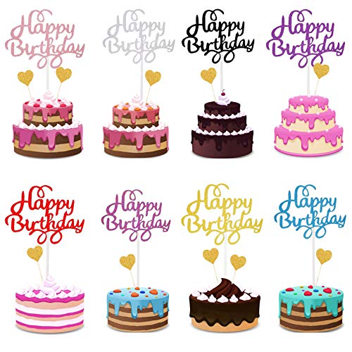34 Pcs Happy Birthday Cake Topper, Decoración para Tarta para Niñas Mujeres Niños Decoración de Pastel Cumpleaños, Oro Corazones Cake Cupcake Topper Suministros de Purpurina para Fiestas (8 Colores)