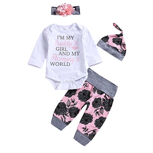 4PCS Conjunto de Trajes Florales para niña bebé Mameluco + Pantalones + Sombrero + Diadema de Flores (Blanco, 3-6 Meses)