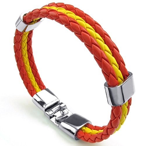 ACAMPTAR Pulsera Joyeria Aleacion Bandera de Cuero para Espana para Hombres y Mujeres - Ancho 1.4 cm - Longitud 23 cm Amarillo Rojo