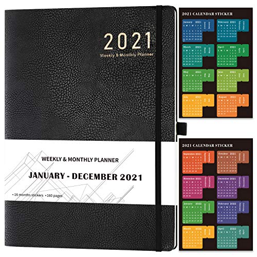 Agenda 2021-A4 agenda semana de Enero de 2021 a Diciembre de 2021, Planes semanales y mensuales con pegatinas de calendario anual, Papel Grueso + Bolsa Interior + Funda de Cuero, 210x297 mm