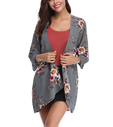 Aibrou Cárdigan Kimonos Mujer Camisolas y Pareos Pareo Playa,Cardigan Verano Manga 3/5 Tops Blusa Floral Suelta,Vacaciones Playa Chal,(Gris, L)