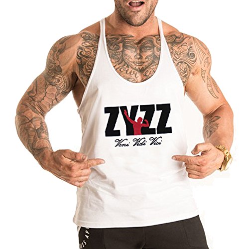 Alivebody - Camiseta de tirantes para hombre, sin mangas, para el gimnasio, de culturismo, Todo el año, Estampado., Sin mangas, Hombre, color Blanco, tamaño XL:pecho 110/125 cm