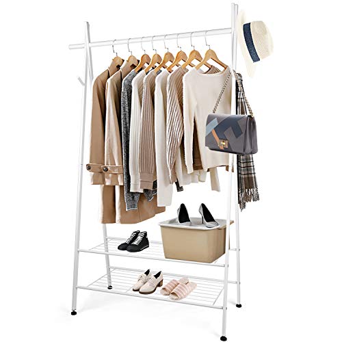 amzdeal Perchero de Pie, Perchero Burro Multifuncional Colgador Metálico para Ropa con 7 Ganchos y Estante, Cargable hasta 60 kg, 146 x 41 x 152cm, Blanco (106 x 45 x 162cm)