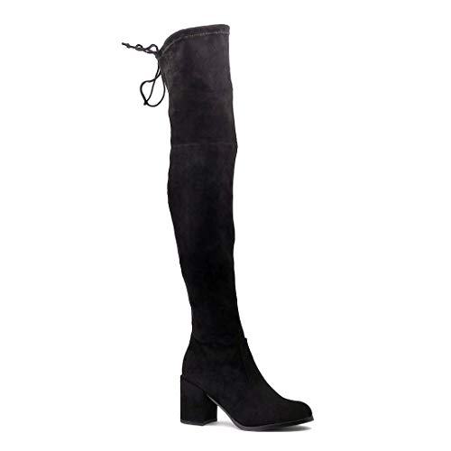 Angkorly - Zapatillas Moda Botas Altas Botas Flexible Caballero Tacones Altos Mujer Encaje básica  Tacón Ancho Alto 8 CM - Negro 988-81 T 39