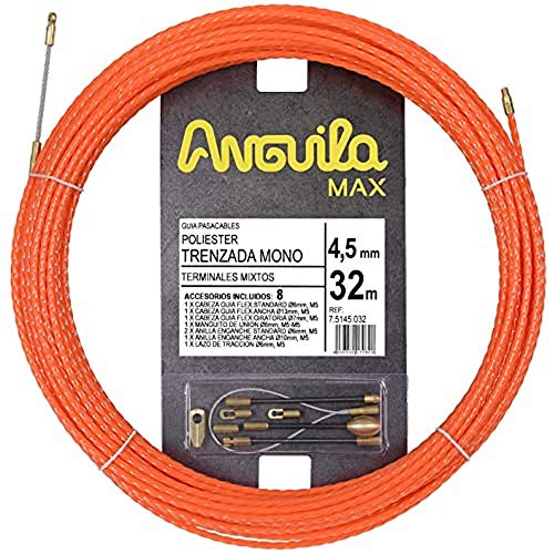 Anguila Max 7.5145.032 Guía pasacables Especial Rectas Poliéster Trenzada Monofilamento 4,5mm 32 metros y terminales mixtos, Naranja