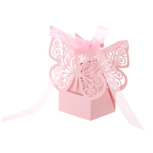 Anself Cajas de dulces elegantes con mariposa tallada delicada cortada con láser con cinta para fiesta, cumpleaños, boda, banquete, jardín de infantes y despedida de soltera 20 piezas [Rosado]